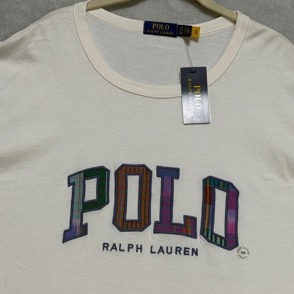 Polo Ralph Lauren T Shirt Men 2XB White Plaid Applique Logo Short Sleeve Tee
